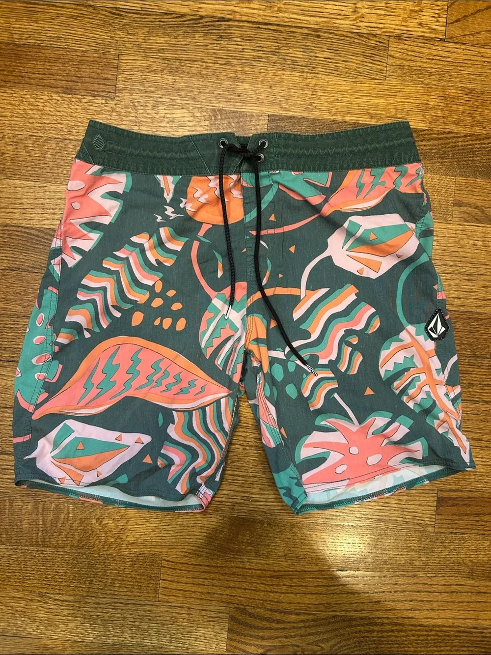 Volcom Dark Green Swim Shorts with Coral & Mint Tropical Print - Size 32
